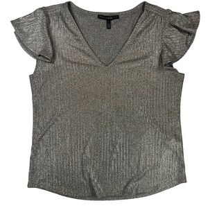 White House Black Market Metallic V-Neck Flutter Sleeve Knit Top Gold Silver L